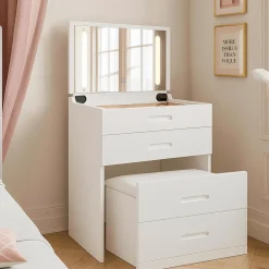 3S. x Home Coiffeuse compacte avec miroir LED, tiroir et pouf intégré Germina XL Blanc Best