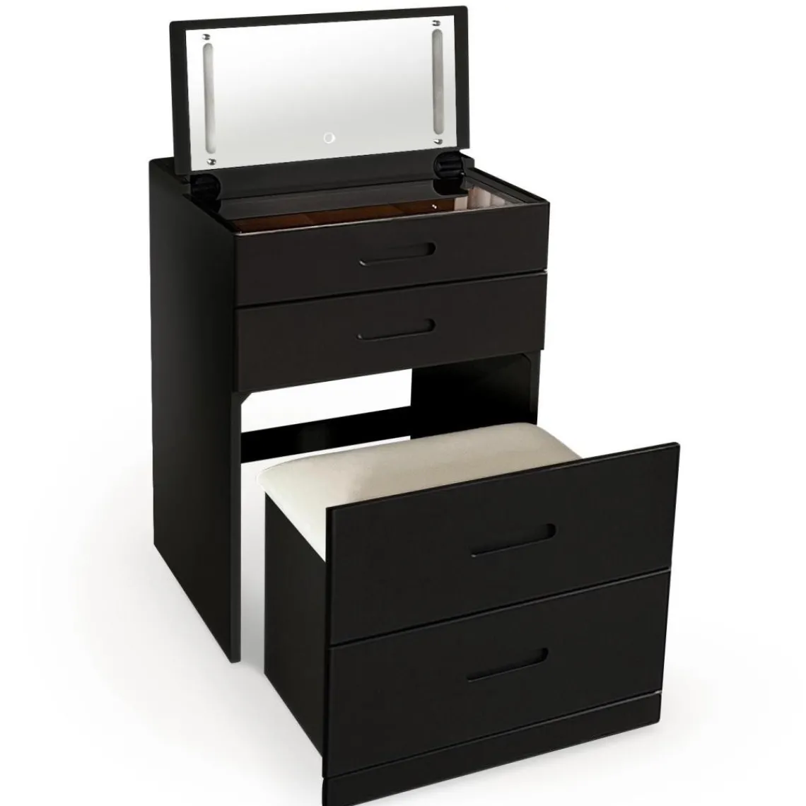 3S. x Home Coiffeuse compacte avec miroir LED, tiroir et pouf intégré Germina XL Noir Clearance