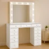 3S. x Home Coiffeuse moderne 13 tiroirs avec miroir lumineux et plateau en verre Probeauty Blanc Best