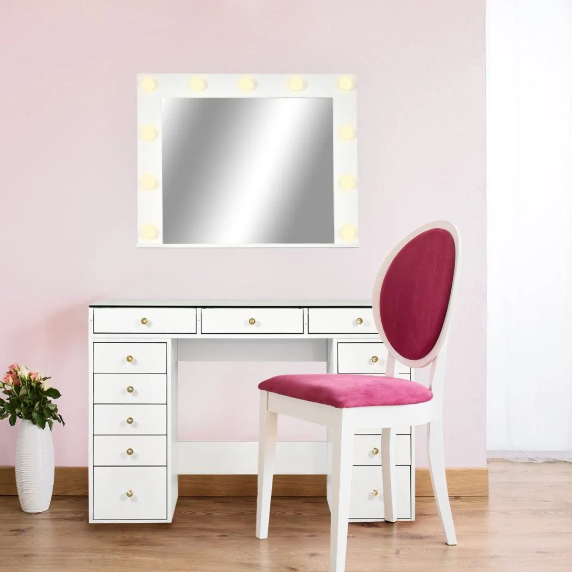 3S. x Home Coiffeuse moderne 13 tiroirs avec miroir lumineux et plateau en verre Probeauty Blanc Best