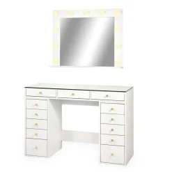 3S. x Home Coiffeuse moderne 13 tiroirs avec miroir lumineux et plateau en verre Probeauty Blanc Best