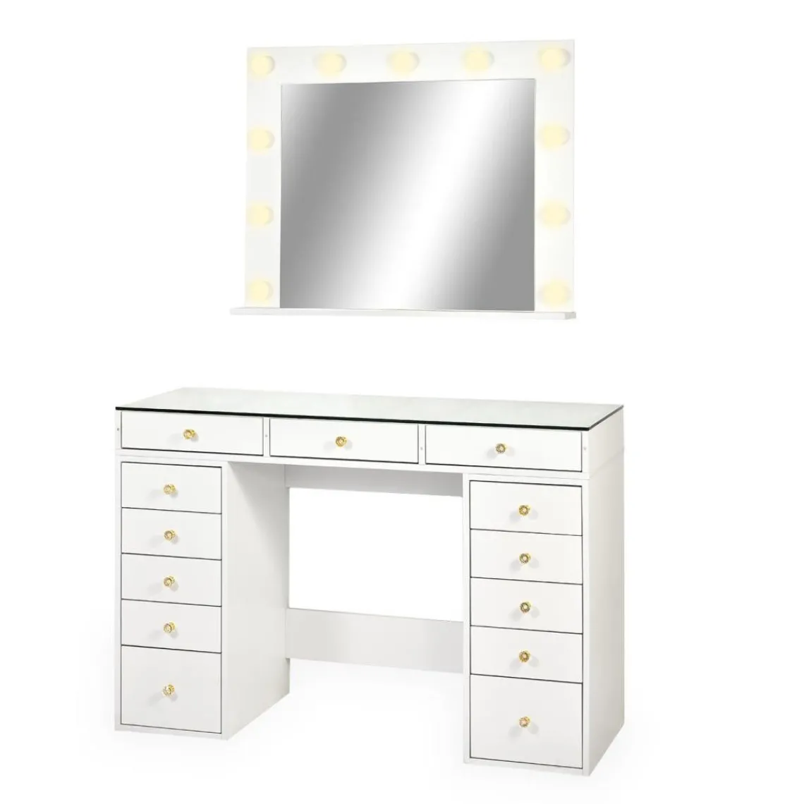 3S. x Home Coiffeuse moderne 13 tiroirs avec miroir lumineux et plateau en verre Probeauty Blanc Best