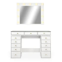 3S. x Home Coiffeuse moderne 13 tiroirs avec miroir lumineux et plateau en verre Probeauty Blanc Best