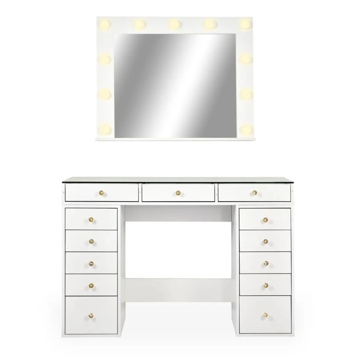 3S. x Home Coiffeuse moderne 13 tiroirs avec miroir lumineux et plateau en verre Probeauty Blanc Best