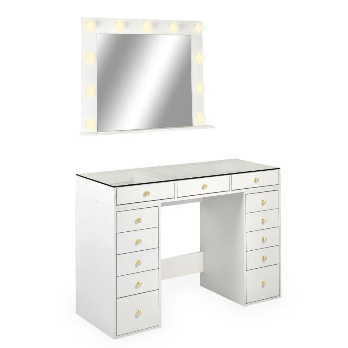 3S. x Home Coiffeuse moderne 13 tiroirs avec miroir lumineux et plateau en verre Probeauty Blanc Best