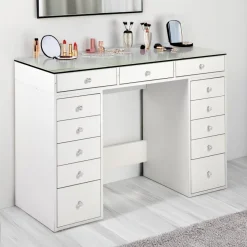 3S. x Home Coiffeuse moderne avec 13 tiroirs et plateau en verre transparent Probeauty Blanc Discount