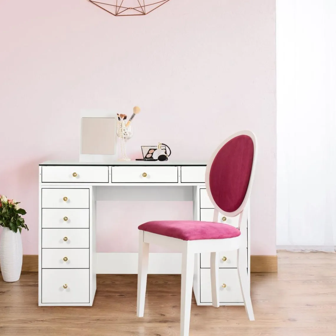 3S. x Home Coiffeuse moderne avec 13 tiroirs et plateau en verre transparent Probeauty Blanc Discount