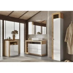 3S. x Home Colonne de rangement salle de bain Ancona 1 Porte 5 étagères coloris Chêne L35xH188 cm Discount