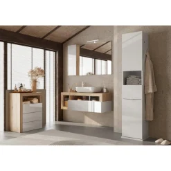 3S. x Home Colonne de rangement salle de bain Bari pivotant 2 Portes 1 niche coloris Blanc laqué brillant Discount