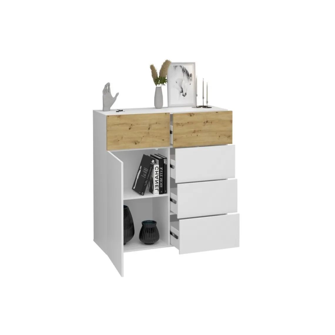 3S. x Home Commode 1 porte 5 tiroirs BELM 1 blanc et naturel Online