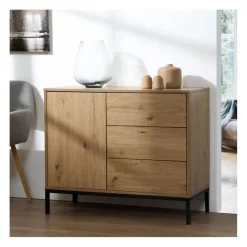 Calicosy Commode 1 Porte 3 Tiroirs Décor Chêne en bois Beige