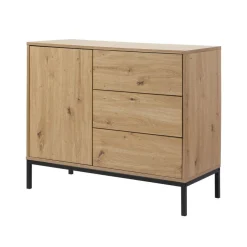 Calicosy Commode 1 Porte 3 Tiroirs Décor Chêne en bois Beige