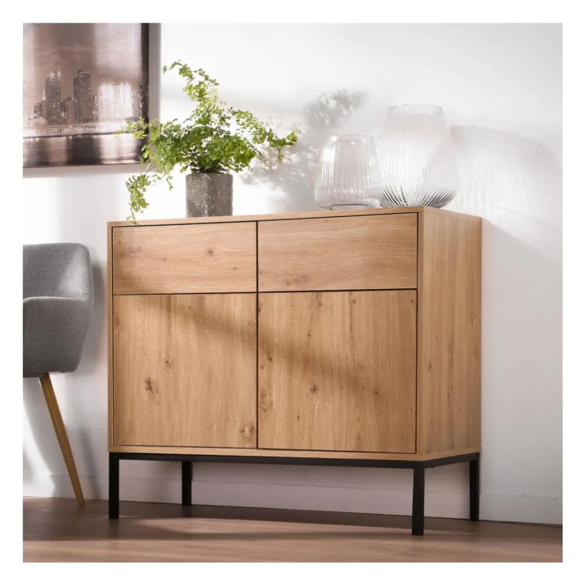 Calicosy Commode 2 Portes 2 Tiroirs Décor Chêne en bois Beige Best