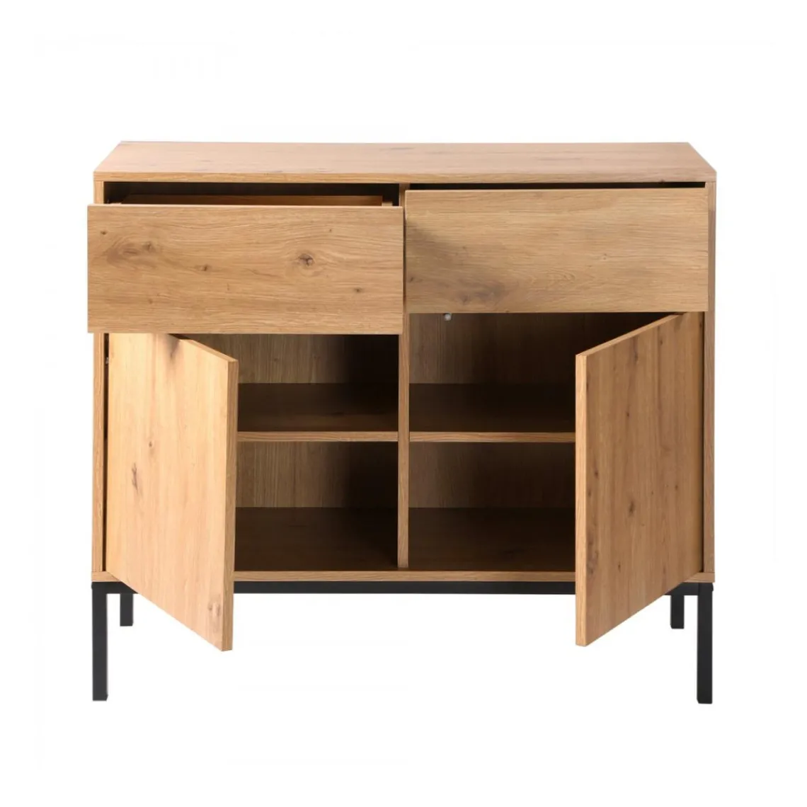 Calicosy Commode 2 Portes 2 Tiroirs Décor Chêne en bois Beige Best