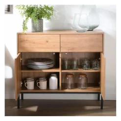 Calicosy Commode 2 Portes 2 Tiroirs Décor Chêne en bois Beige Best