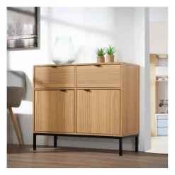 Calicosy Commode 2 Portes 2 Tiroirs Façades Rainurées en bois Beige Outlet