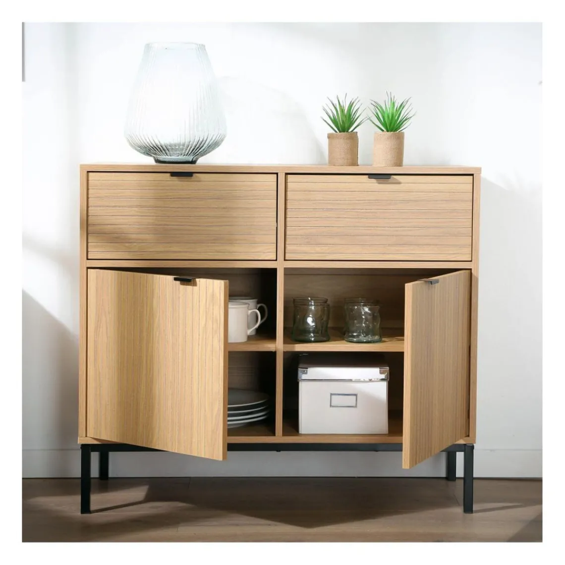 Calicosy Commode 2 Portes 2 Tiroirs Façades Rainurées en bois Beige Outlet