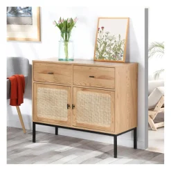 Calicosy Commode 2 Portes 2 Tiroirs avec Cannage Rotin en bois Beige Sale