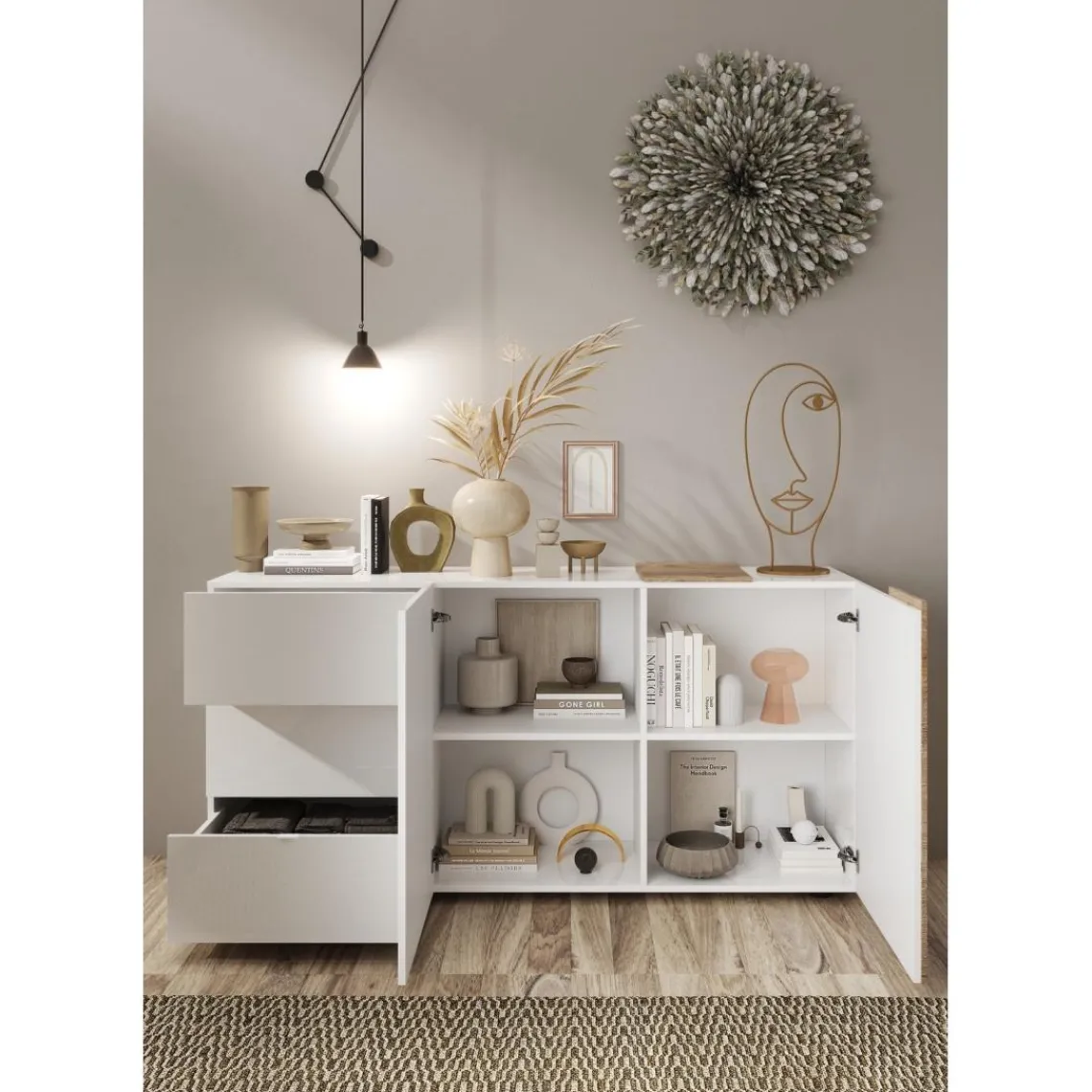 3S. x Home Commode 2 portes 3 tiroirs blanc lacqué New