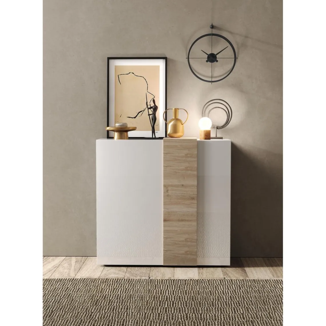 3S. x Home Commode 2 portes Blanc lacqué brillant chene Clearance
