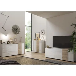 3S. x Home Commode 2 portes Blanc lacqué brillant chene Clearance