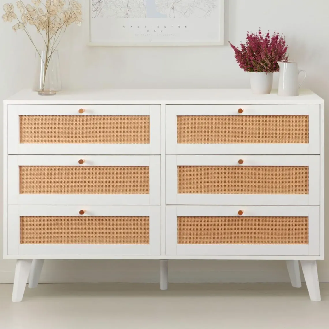 3S. x Home Commode 6 tiroirs avec cannage Dalgora Blanc Hot