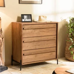 Macabane Commode 3 tiroirs en bois de teck recyclé pieds en métal noir New