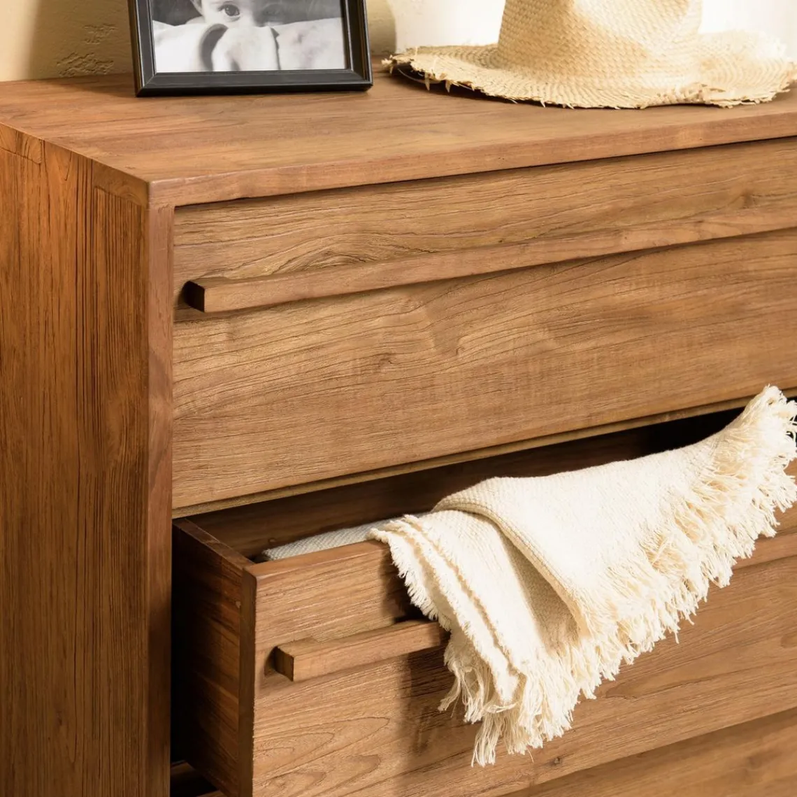 Macabane Commode 3 tiroirs en bois de teck recyclé pieds en métal noir New