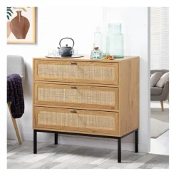 Calicosy Commode 3 Tiroirs Façade Rotin en bois Beige Outlet