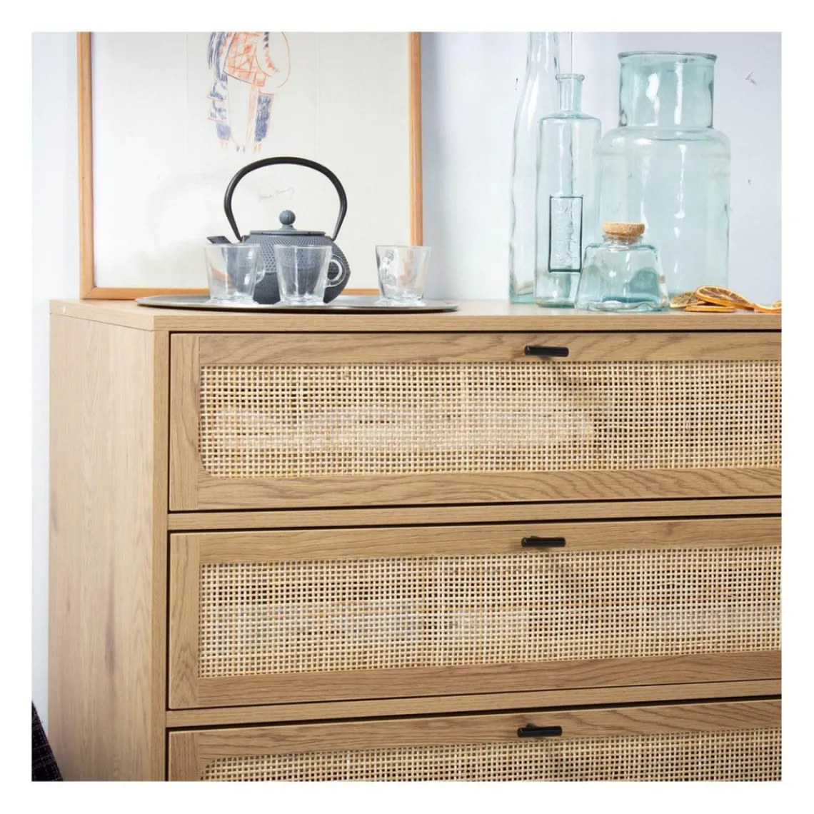 Calicosy Commode 3 Tiroirs Façade Rotin en bois Beige Outlet