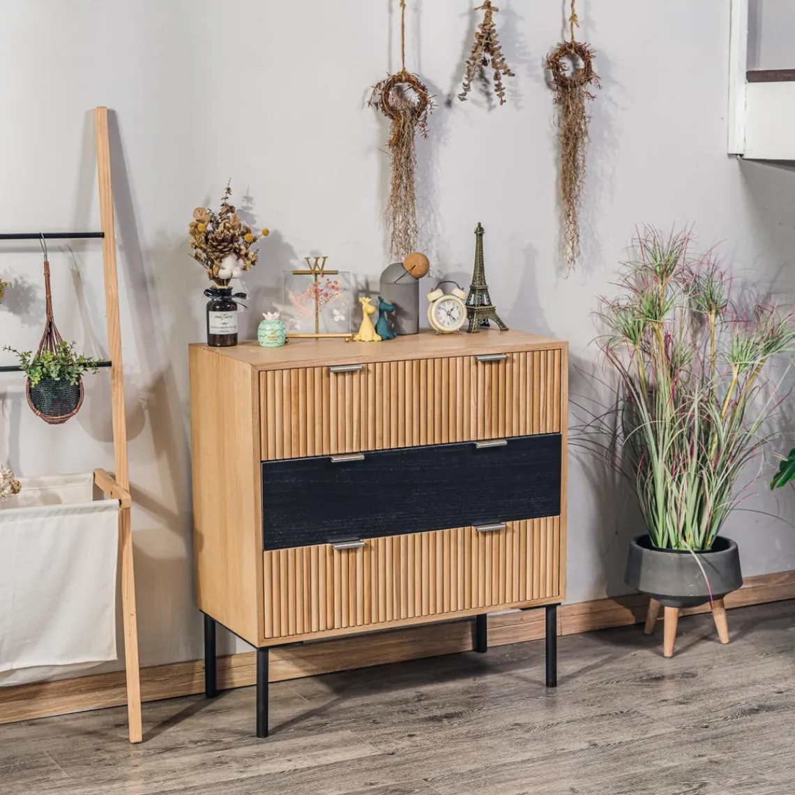 Nordlys Commode Chambre Scandinave Bois Metal 3 Tiroirs Rangement Marron