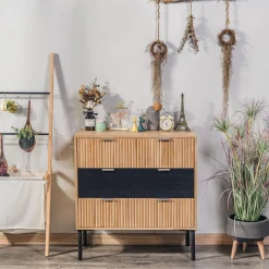 Nordlys Commode Chambre Scandinave Bois Metal 3 Tiroirs Rangement Marron