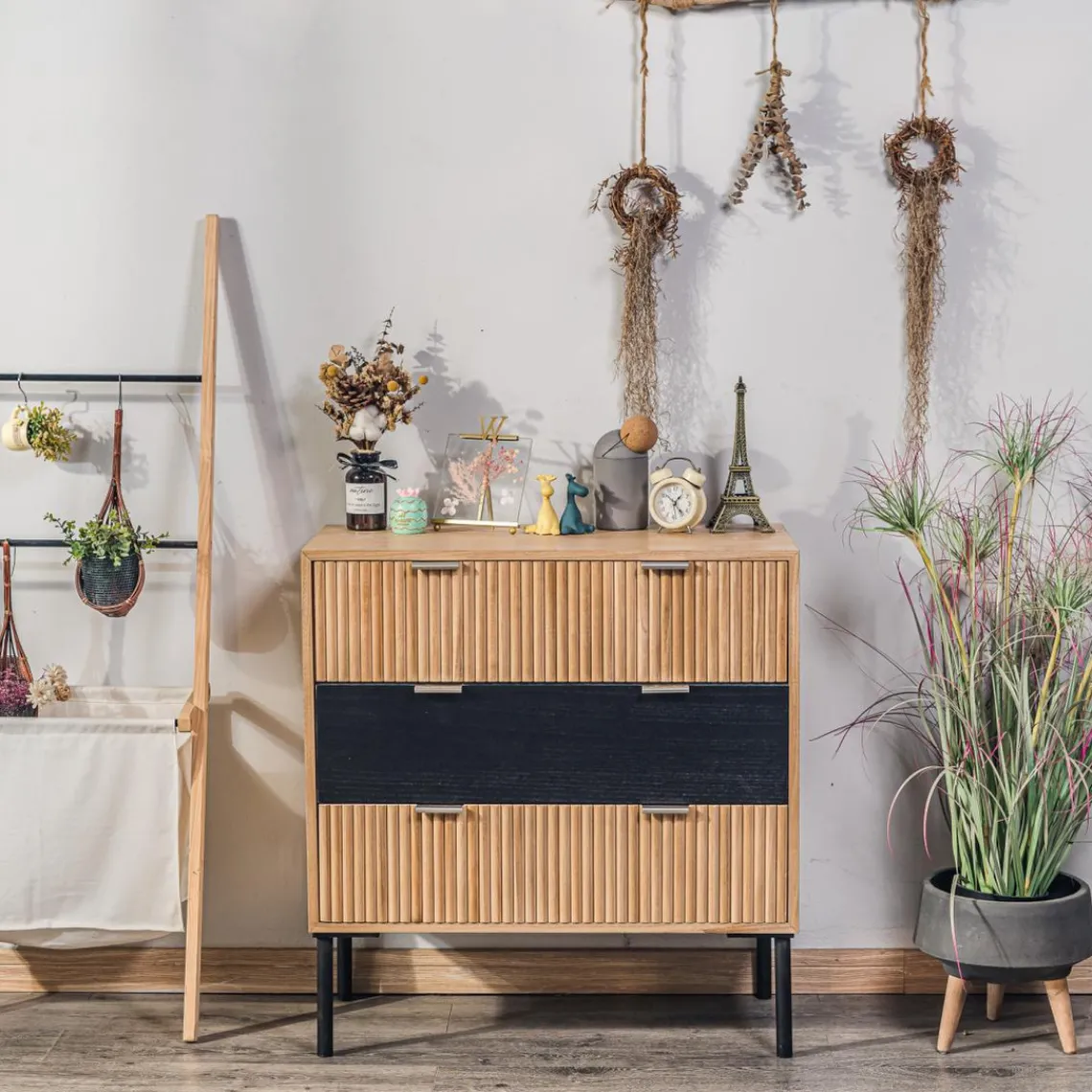 Nordlys Commode Chambre Scandinave Bois Metal 3 Tiroirs Rangement Marron