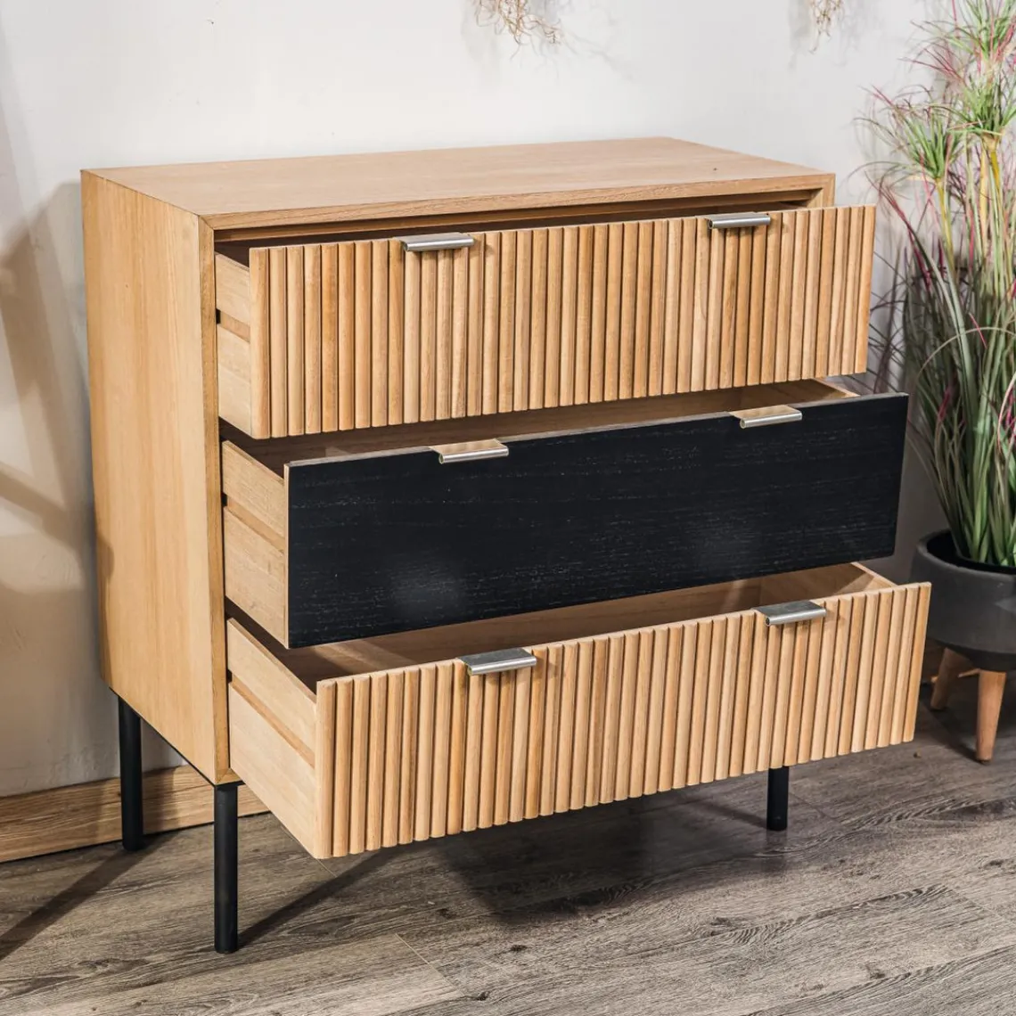 Nordlys Commode Chambre Scandinave Bois Metal 3 Tiroirs Rangement Marron