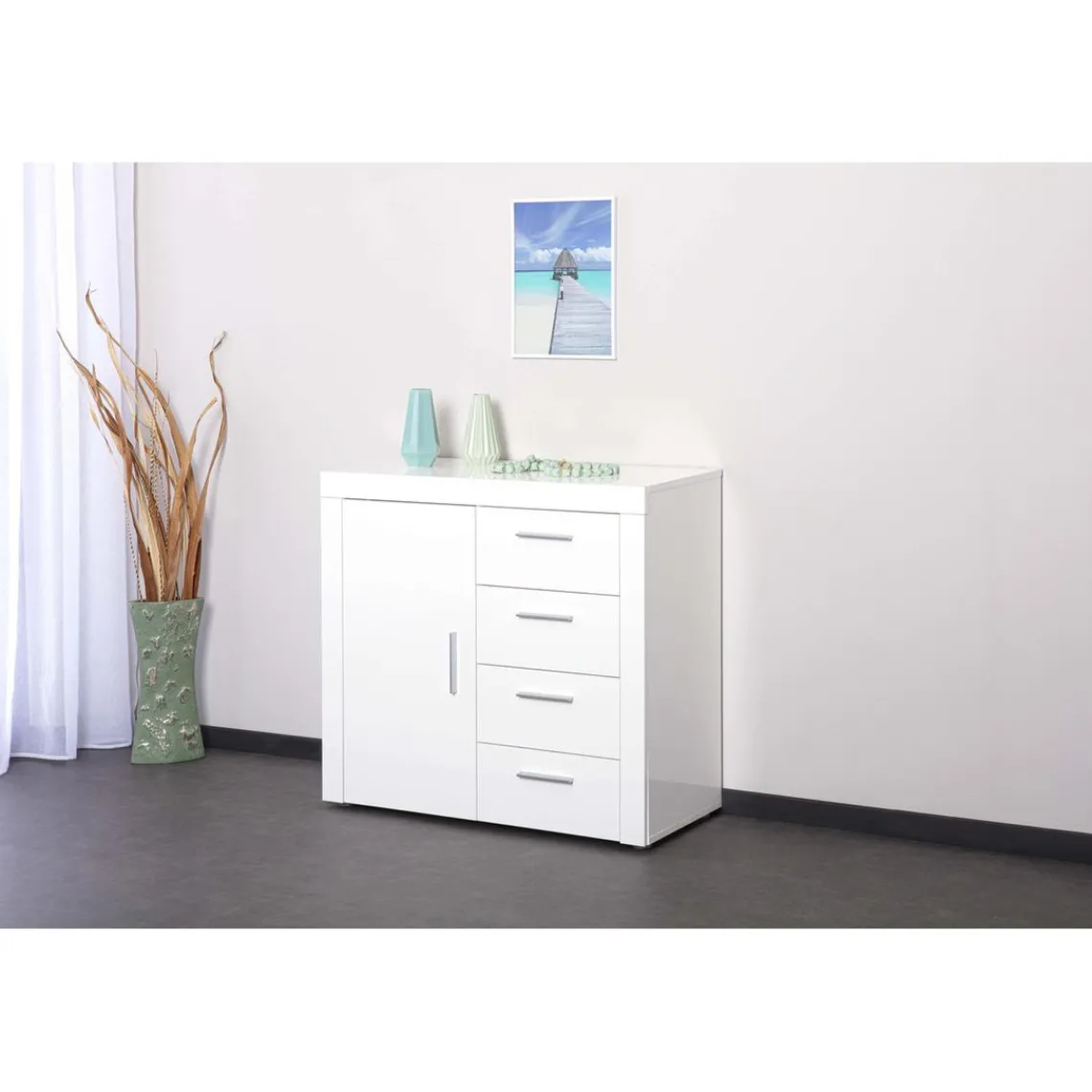 3S. x Home Commode CORBET 1 Porte 4 Tiroirs Blanc Brillant Sale