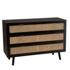 Macabane Commode e 3 tiroirs cannage naturel ANGELO Noir Hot