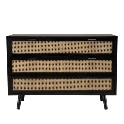Macabane Commode e 3 tiroirs cannage naturel ANGELO Noir Hot