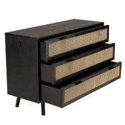 Macabane Commode e 3 tiroirs cannage naturel ANGELO Noir Hot