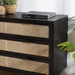 Macabane Commode e 3 tiroirs cannage naturel ANGELO Noir Hot