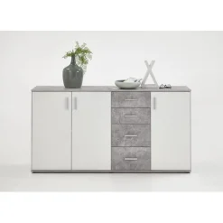3S. x Home Comode 3 portes et 4 tiroirs ALBI 3 gris béton et blanc Hot