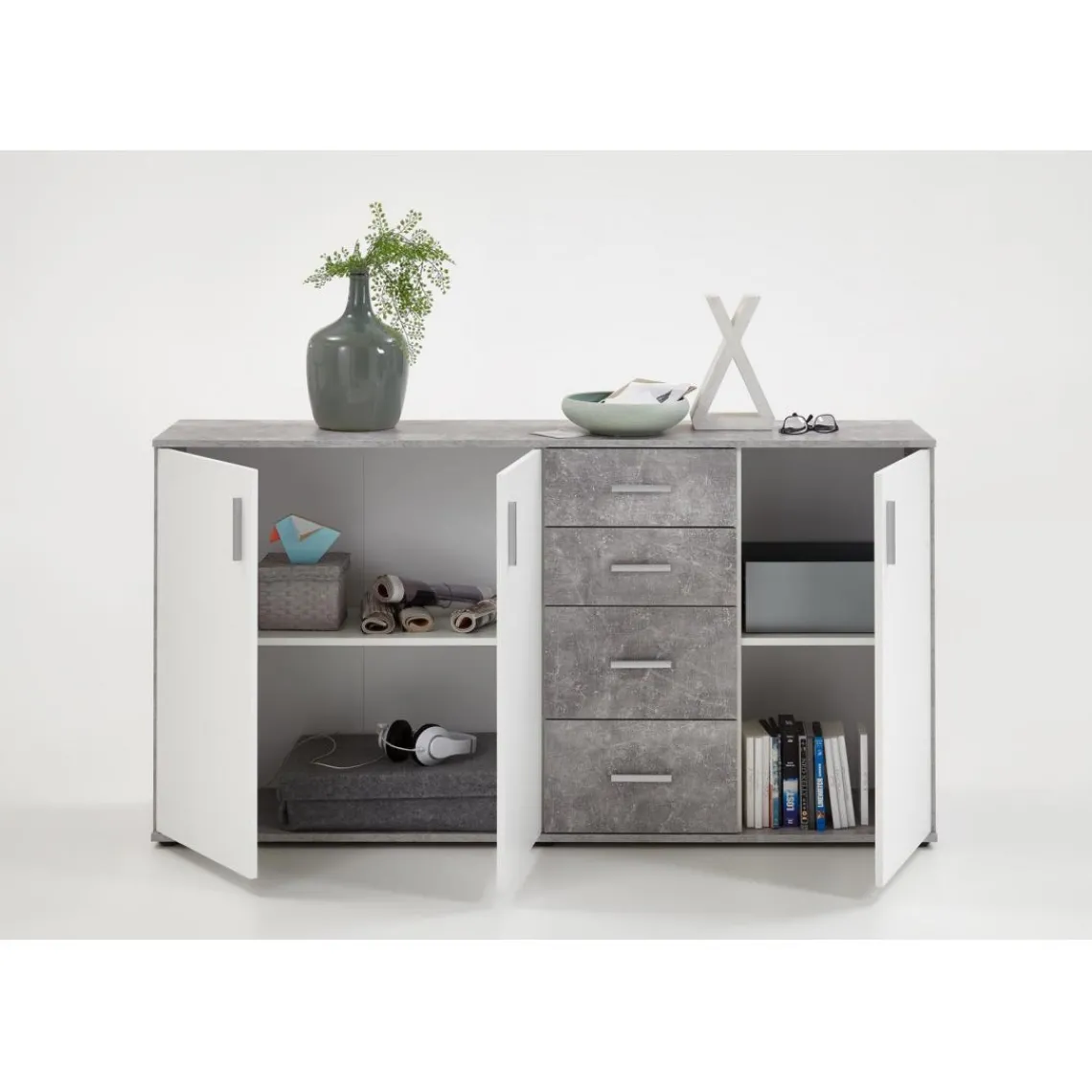 3S. x Home Comode 3 portes et 4 tiroirs ALBI 3 gris béton et blanc Hot