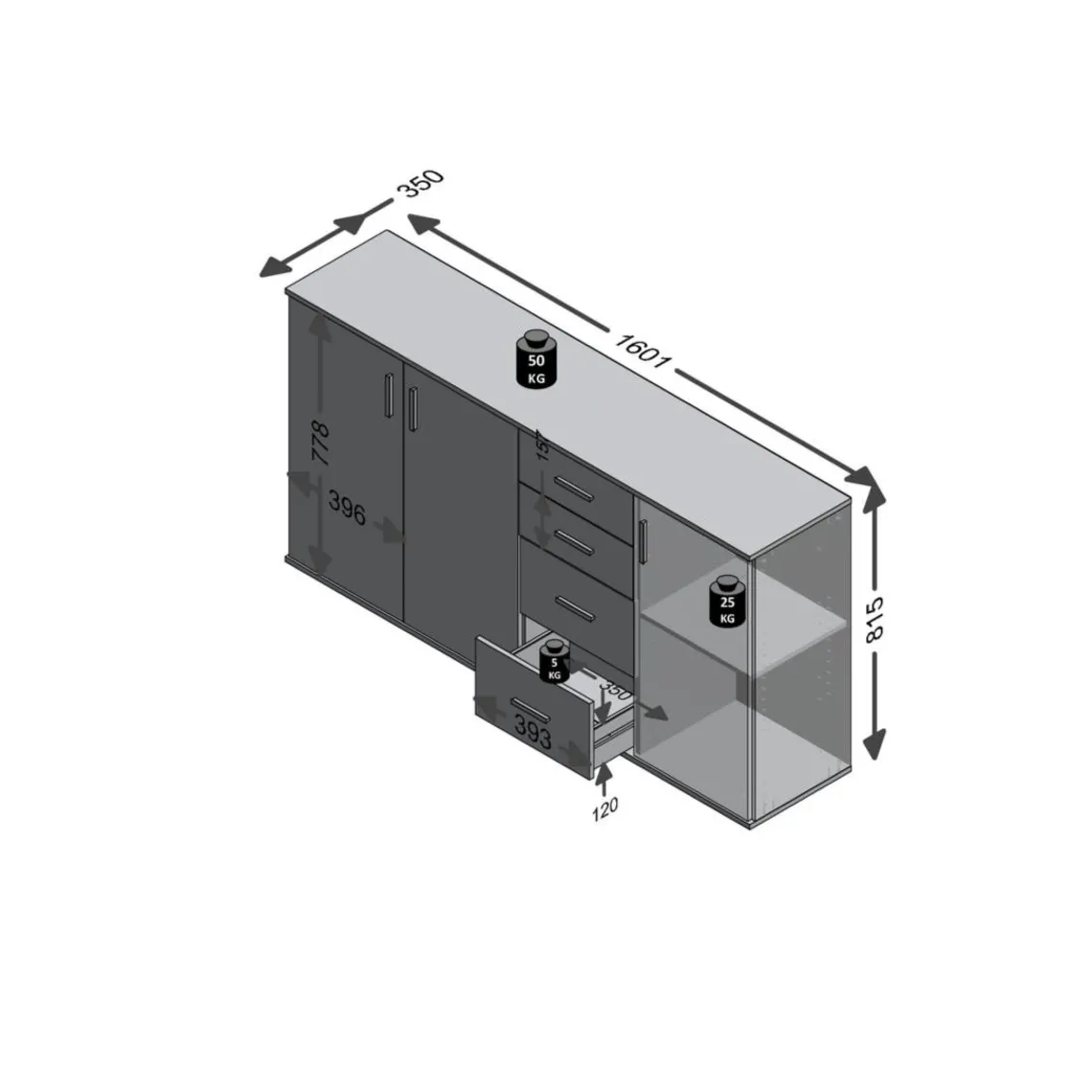3S. x Home Comode 3 portes et 4 tiroirs ALBI 3 gris béton et blanc Hot