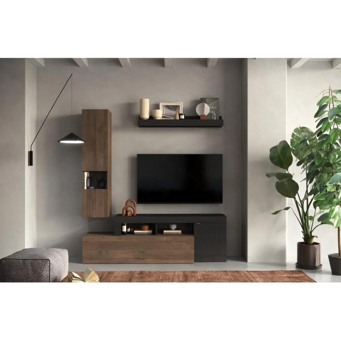 3S. x Home Composition murale L181 meuble TV, étagère et buffet mural, naturel et gris Clearance