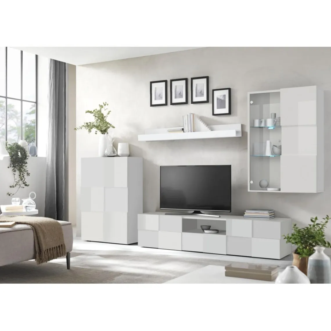 3S. x Home Composition murale meuble TV, étagère et 2 buffets muraux laqué blanc Best
