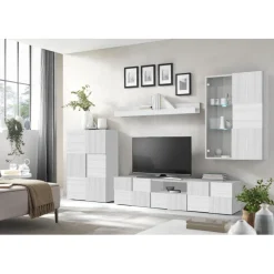 3S. x Home Composition murale meuble TV, étagère et 2 buffets muraux décor chène eucalyptus Outlet