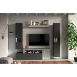 3S. x Home Composition murale meuble TV, étagère et buffets muraux gris beton New