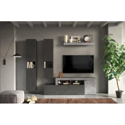 3S. x Home Composition murale meuble TV, étagère et buffets muraux gris beton New