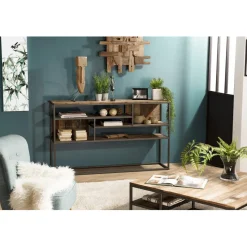 Macabane Console 4 niveaux en teck recyclé acacia mahogany métal noir Discount