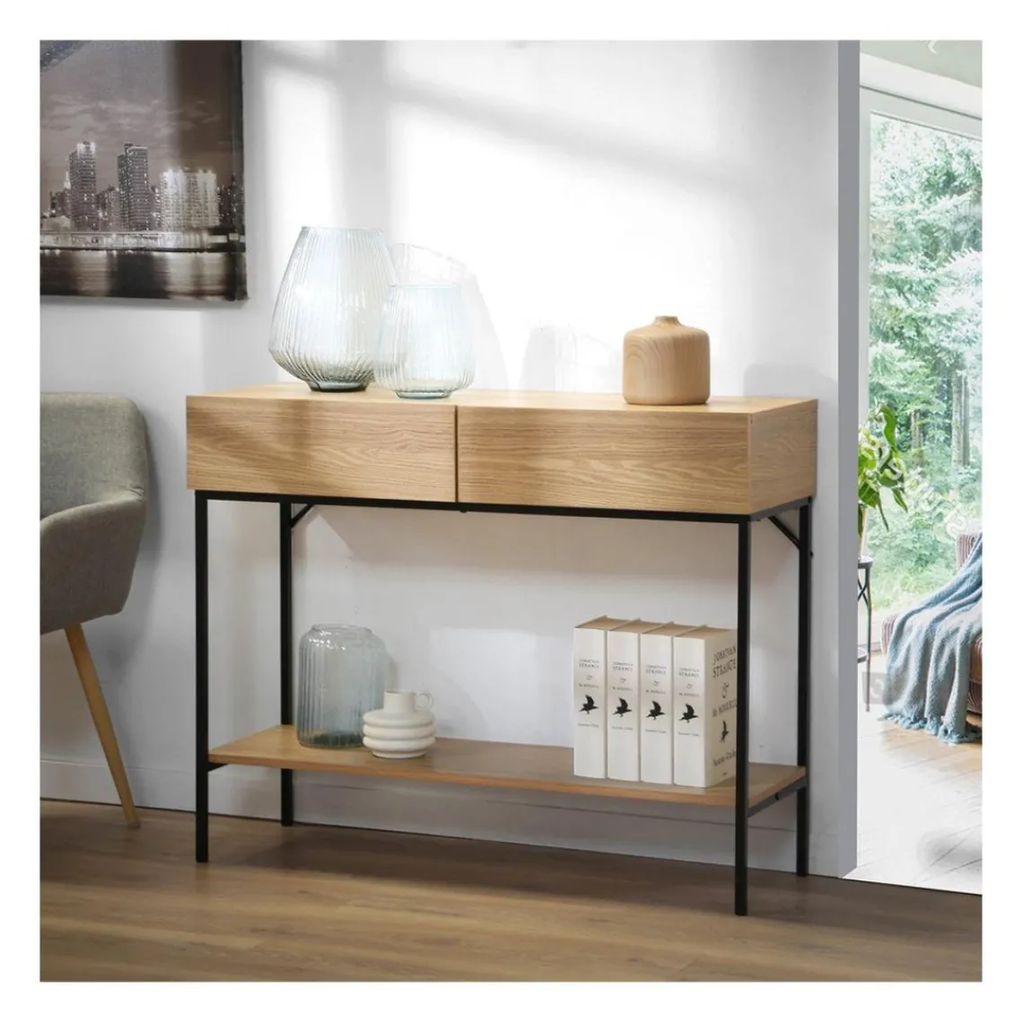 Calicosy Console 2 Tiroirs 1 Tablette Décor Bois en bois Beige Discount