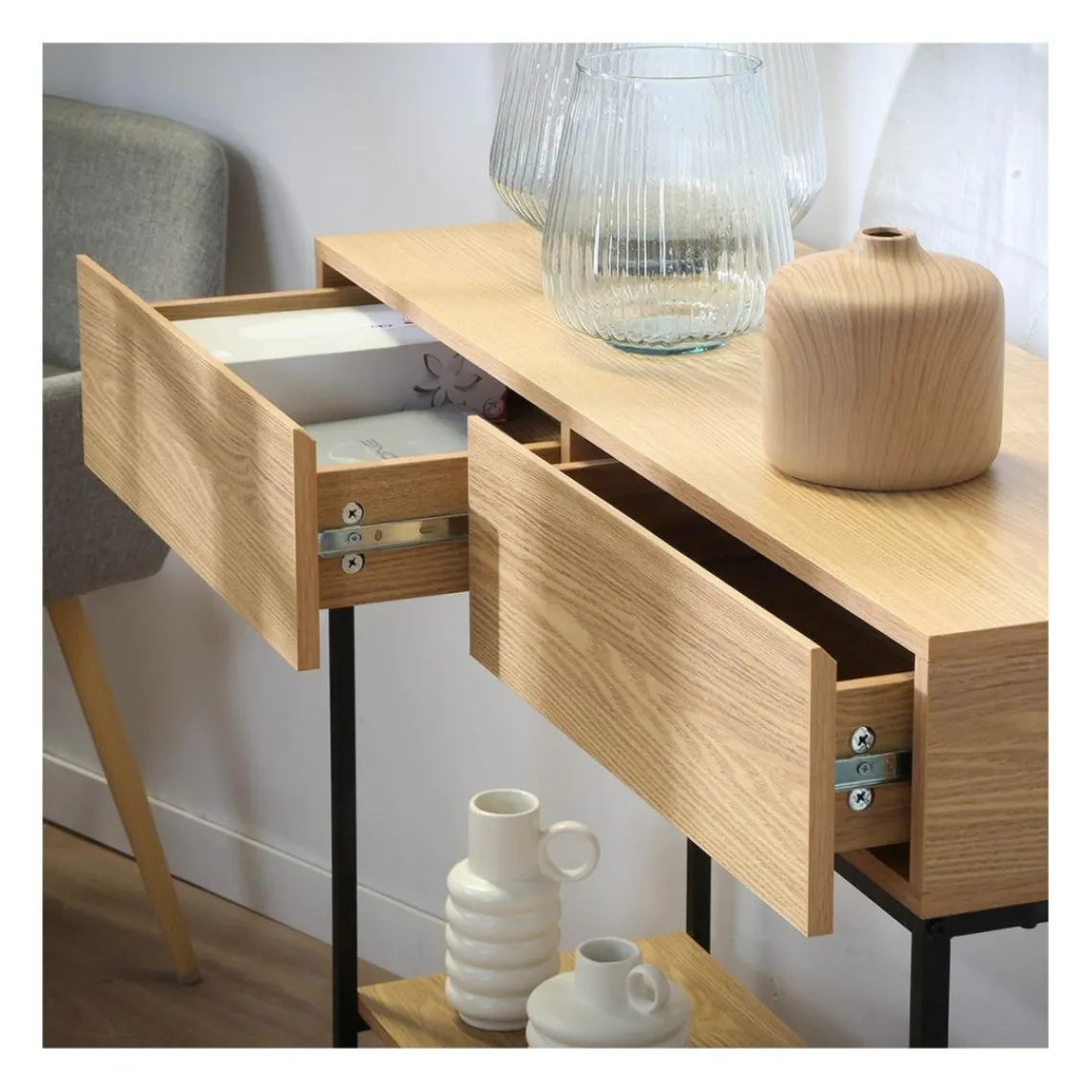 Calicosy Console 2 Tiroirs 1 Tablette Décor Bois en bois Beige Discount